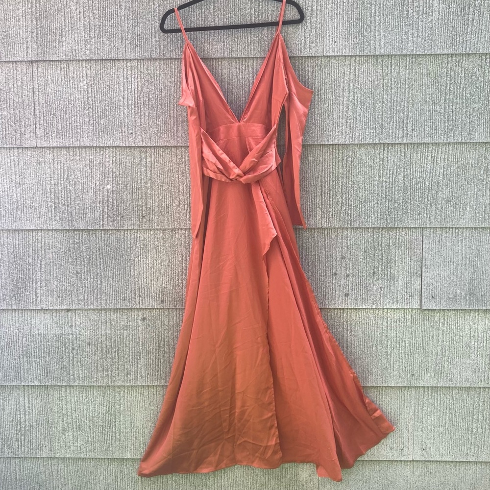 New With Tags - High Slit Off the Shoulder Sleeved Satin Maxi Dress - Picture 2 of 2